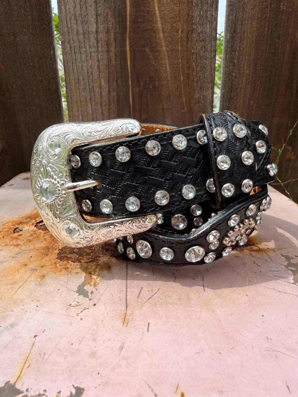 Tony Lama Black Leather Belt Crystal Studs  size 34